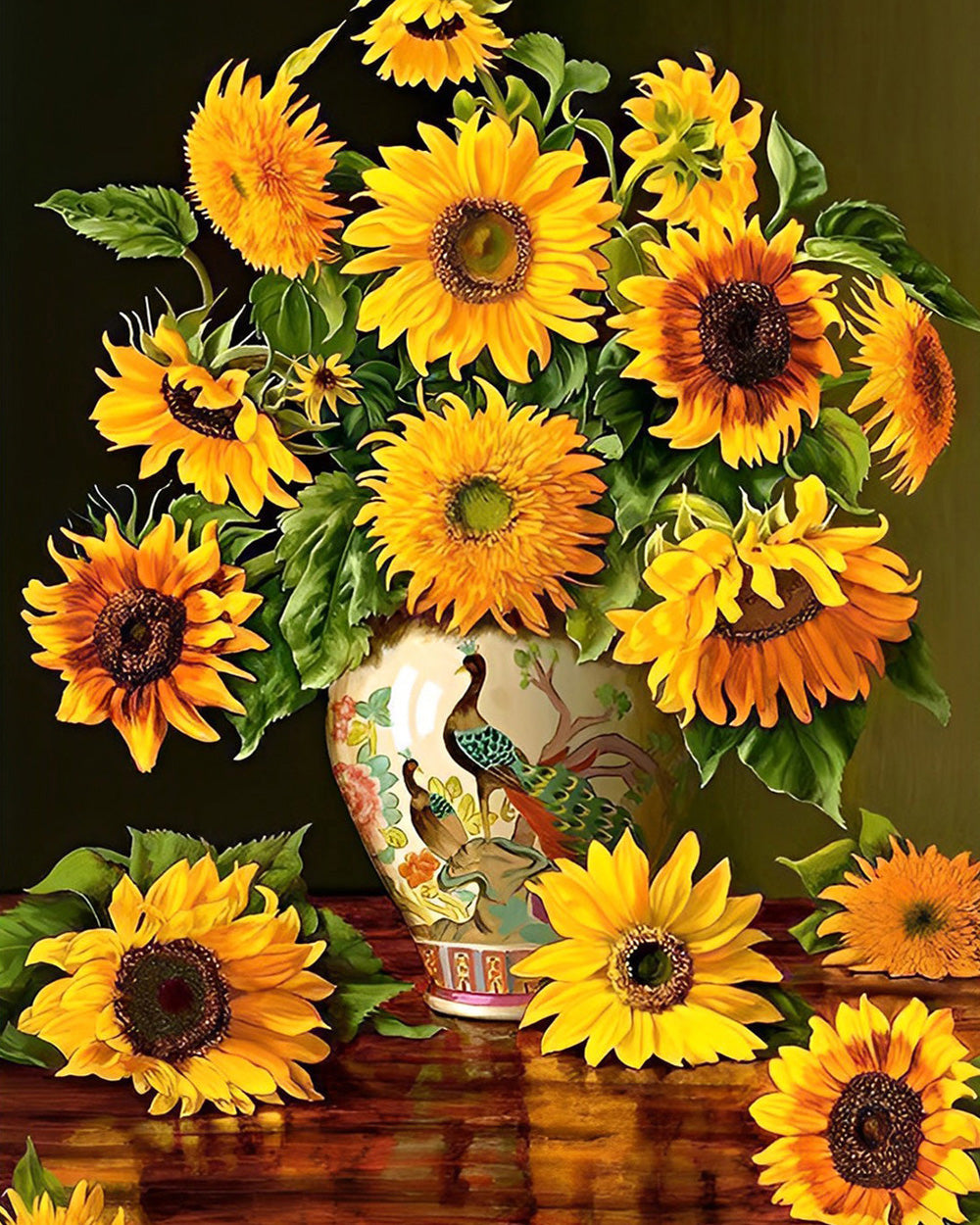 Bouquets de Tournesols dans un Vase Paon Broderie Diamant