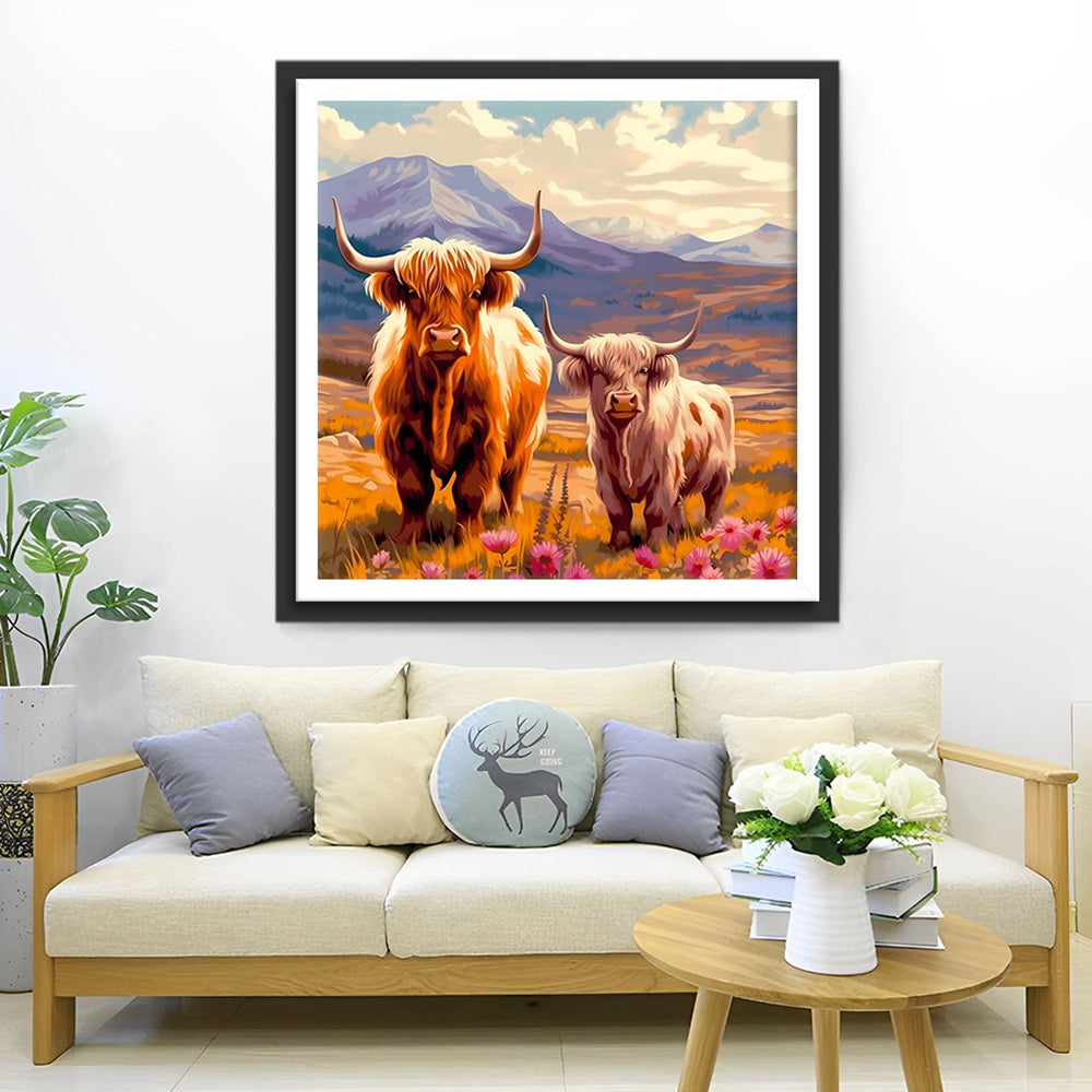 Bovins Highland au Pied de la Montagne Broderie Diamant