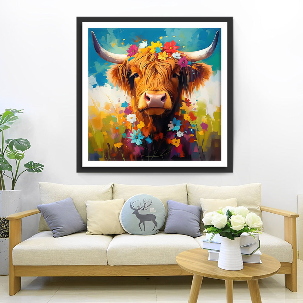 Bovins Highland et Fleurs Broderie Diamant