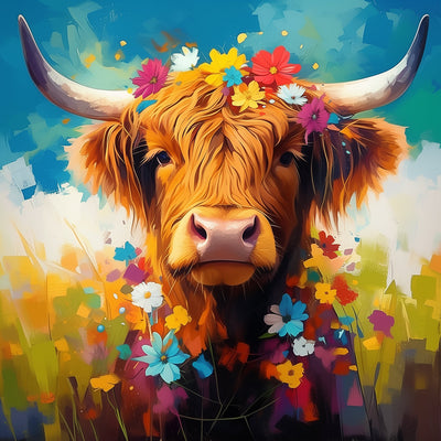 Bovins Highland et Fleurs Broderie Diamant