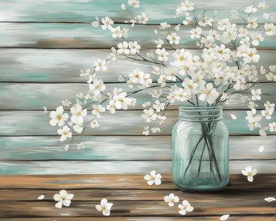 Branches de Fleurs Blanches dans un Vase en Verre Broderie Diamant