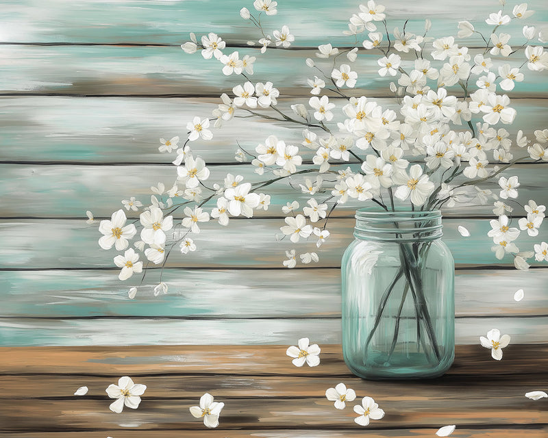 Branches de Fleurs Blanches dans un Vase en Verre Broderie Diamant