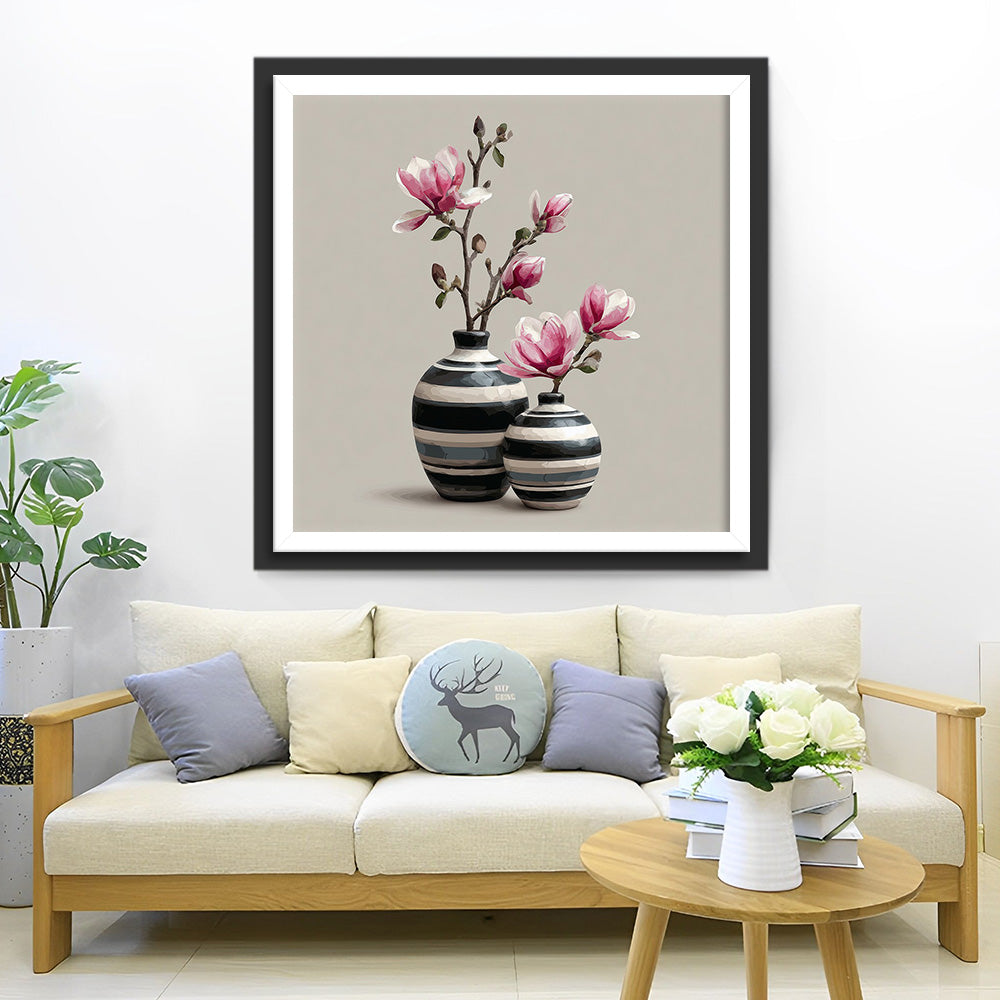 Branches de Magnolia Roses dans le Pot en Terre Cuite Broderie Diamant