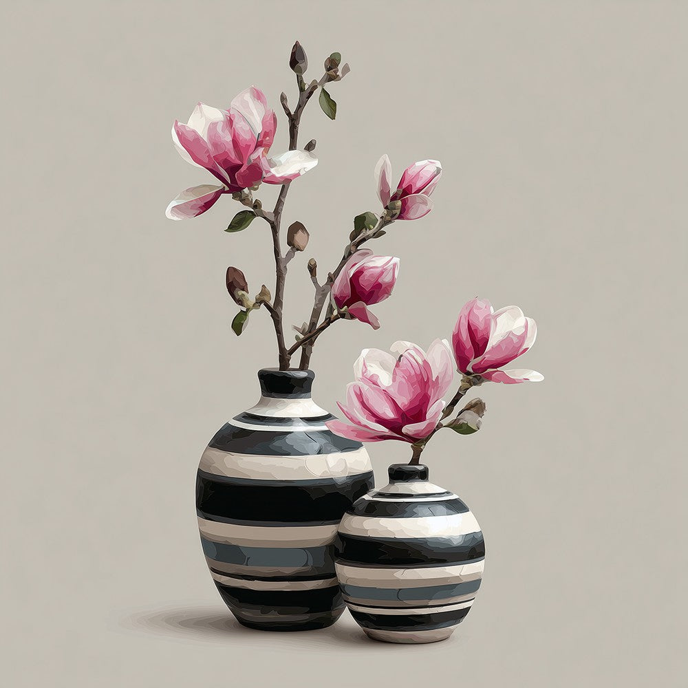 Branches de Magnolia Roses dans le Pot en Terre Cuite Broderie Diamant