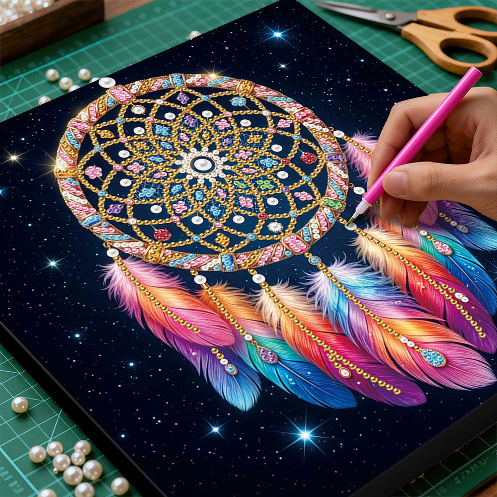 Broderie Diamant | Broderie Perle | Attrape-Rêves à Plumes dans le Ciel Étoilé