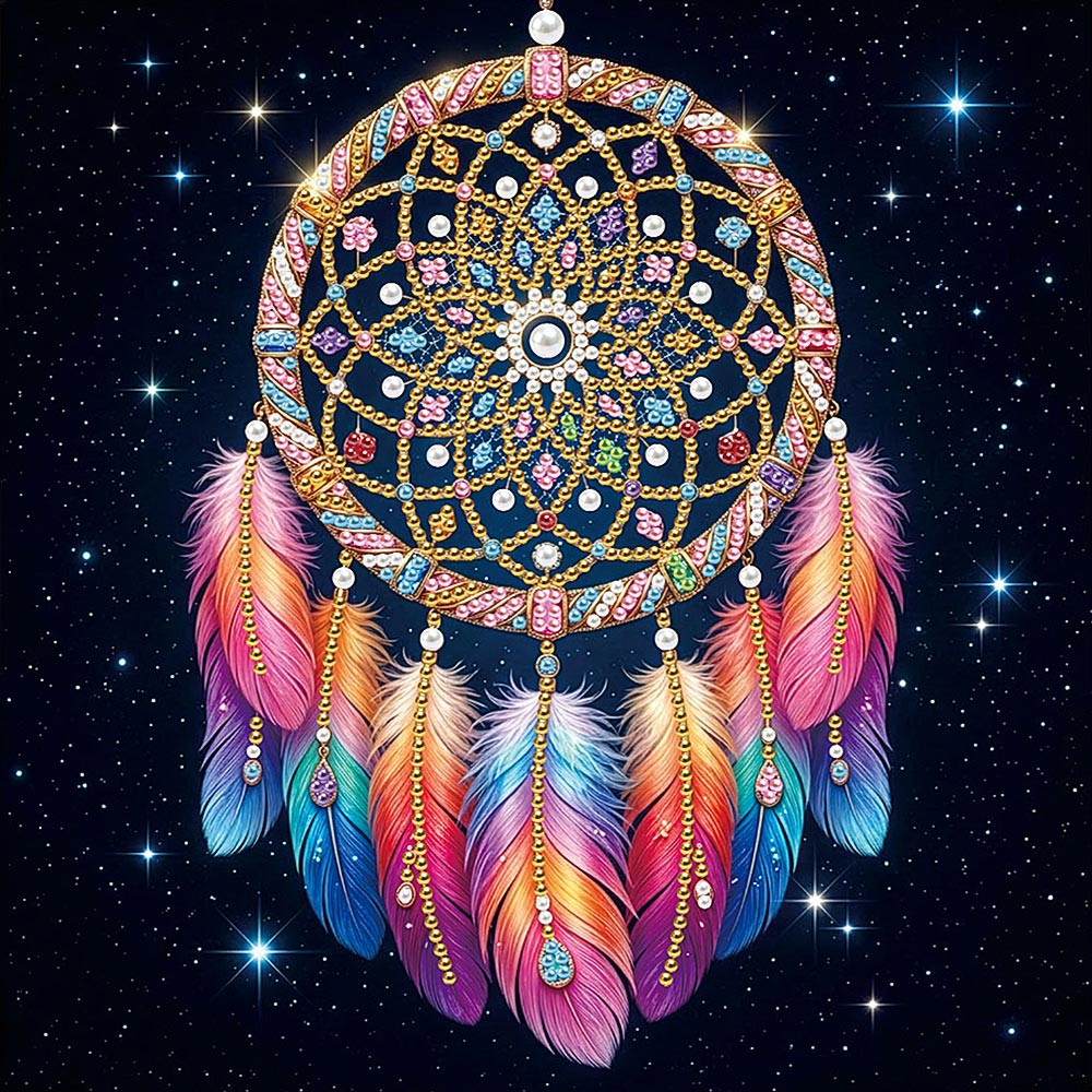 Broderie Diamant | Broderie Perle | Attrape-Rêves à Plumes dans le Ciel Étoilé