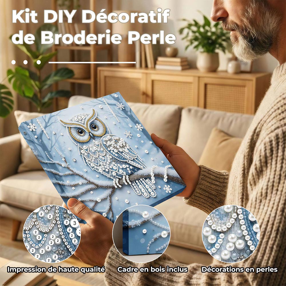 Broderie Diamant | Broderie Perle | Hibou dans la Forêt Enneigée