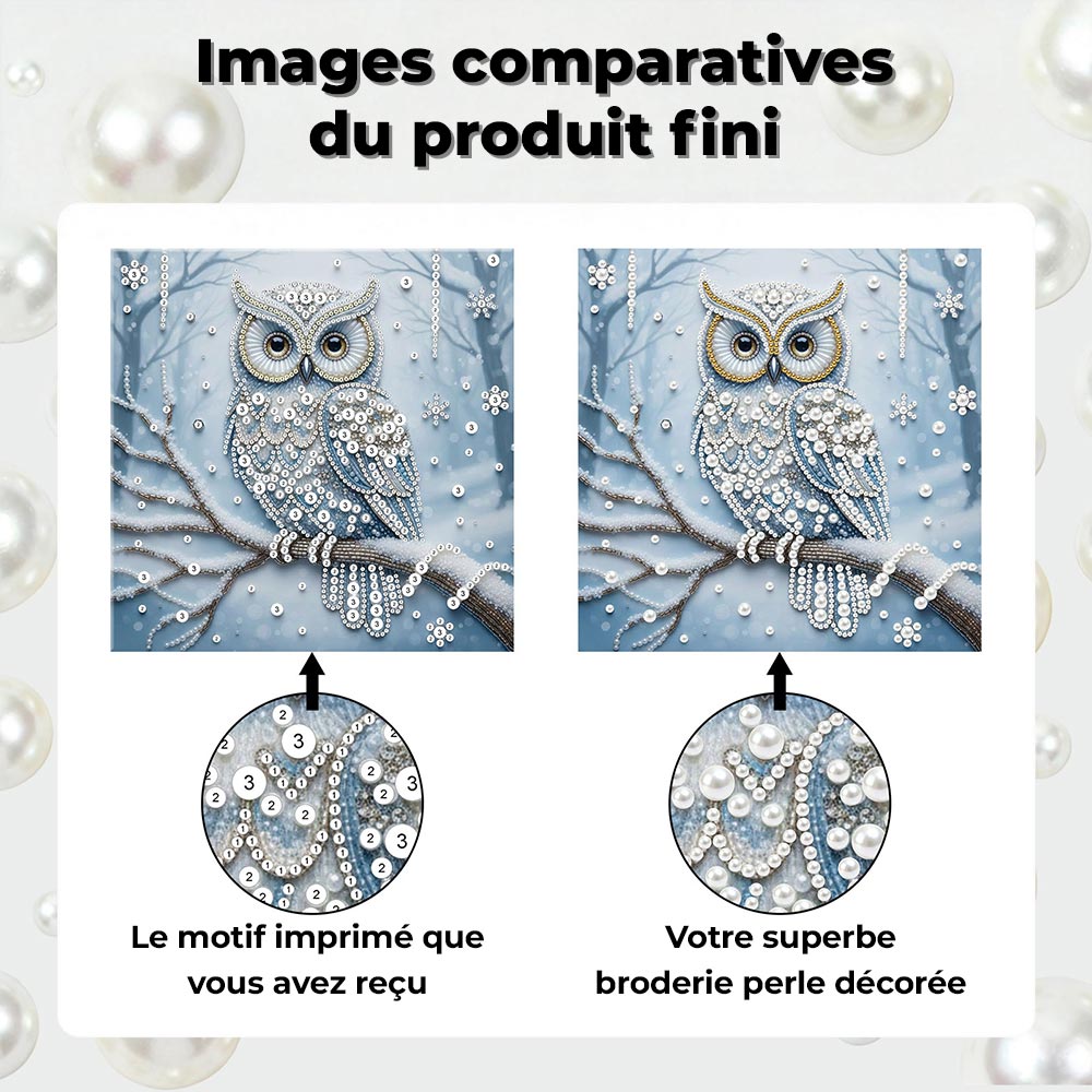 Broderie Diamant | Broderie Perle | Hibou dans la Forêt Enneigée