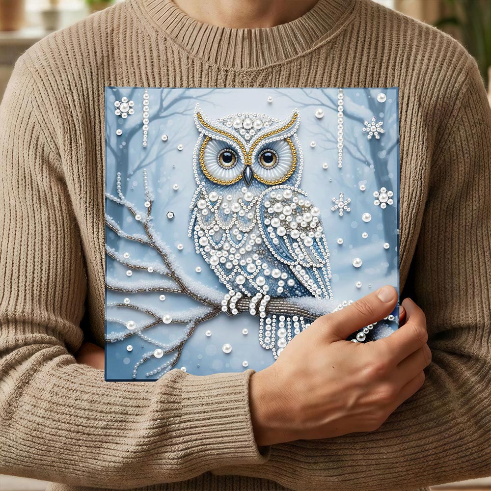 Broderie Diamant | Broderie Perle | Hibou dans la Forêt Enneigée