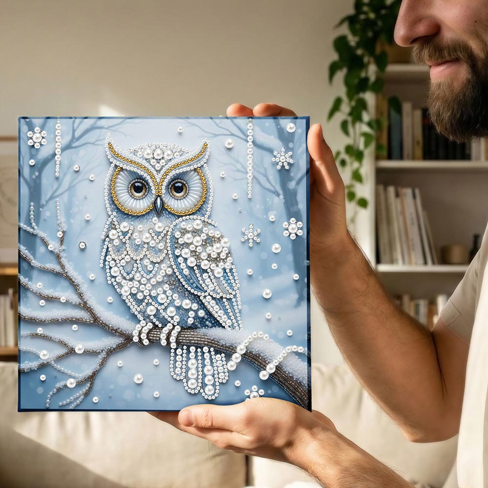 Broderie Diamant | Broderie Perle | Hibou dans la Forêt Enneigée