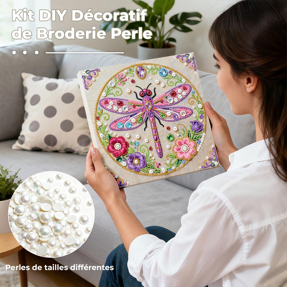 Broderie Diamant | Broderie Perle | Libellule Rose et Fleurs