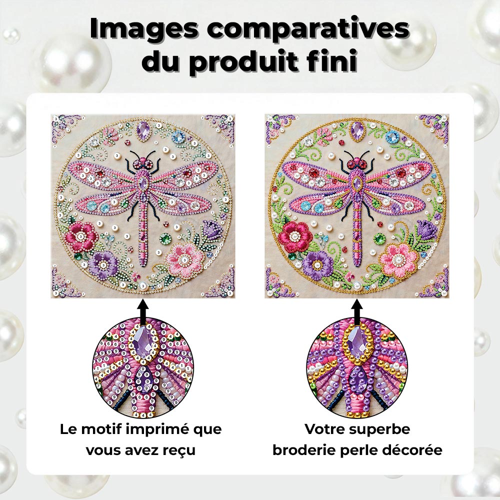 Broderie Diamant | Broderie Perle | Libellule Rose et Fleurs