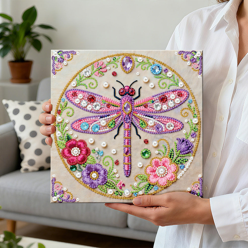 Broderie Diamant | Broderie Perle | Libellule Rose et Fleurs