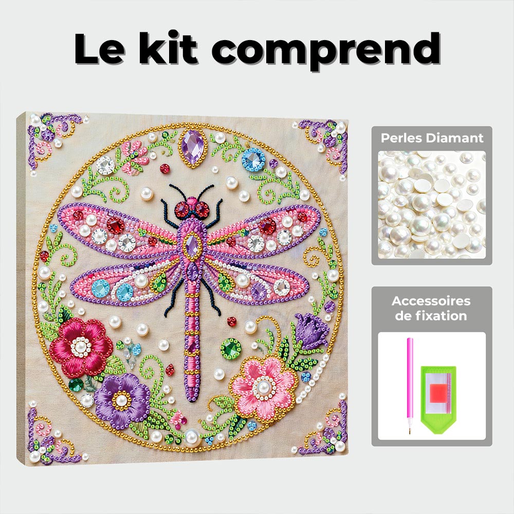 Broderie Diamant | Broderie Perle | Libellule Rose et Fleurs