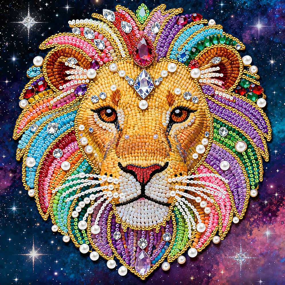 Broderie Diamant | Broderie Perle | Lion Arc-en-Ciel dans le Ciel Étoilé