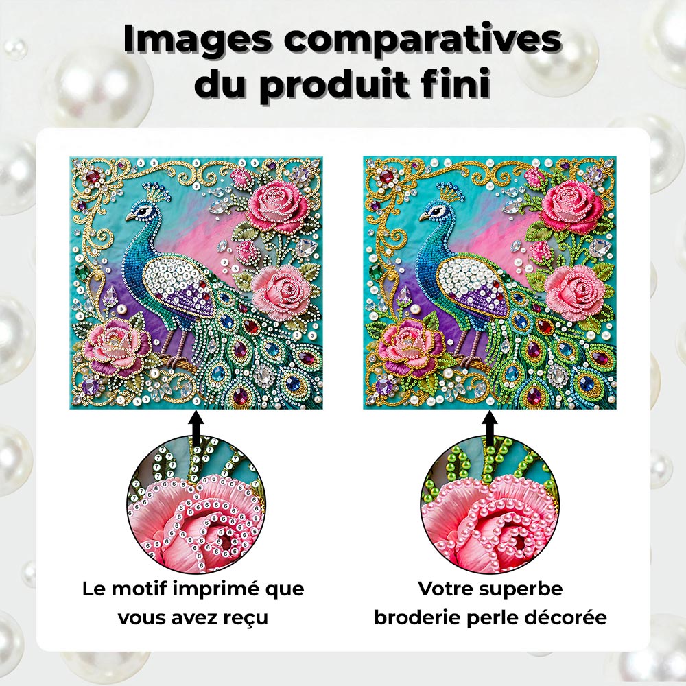Broderie Diamant | Broderie Perle | Paon Vert et Roses Roses