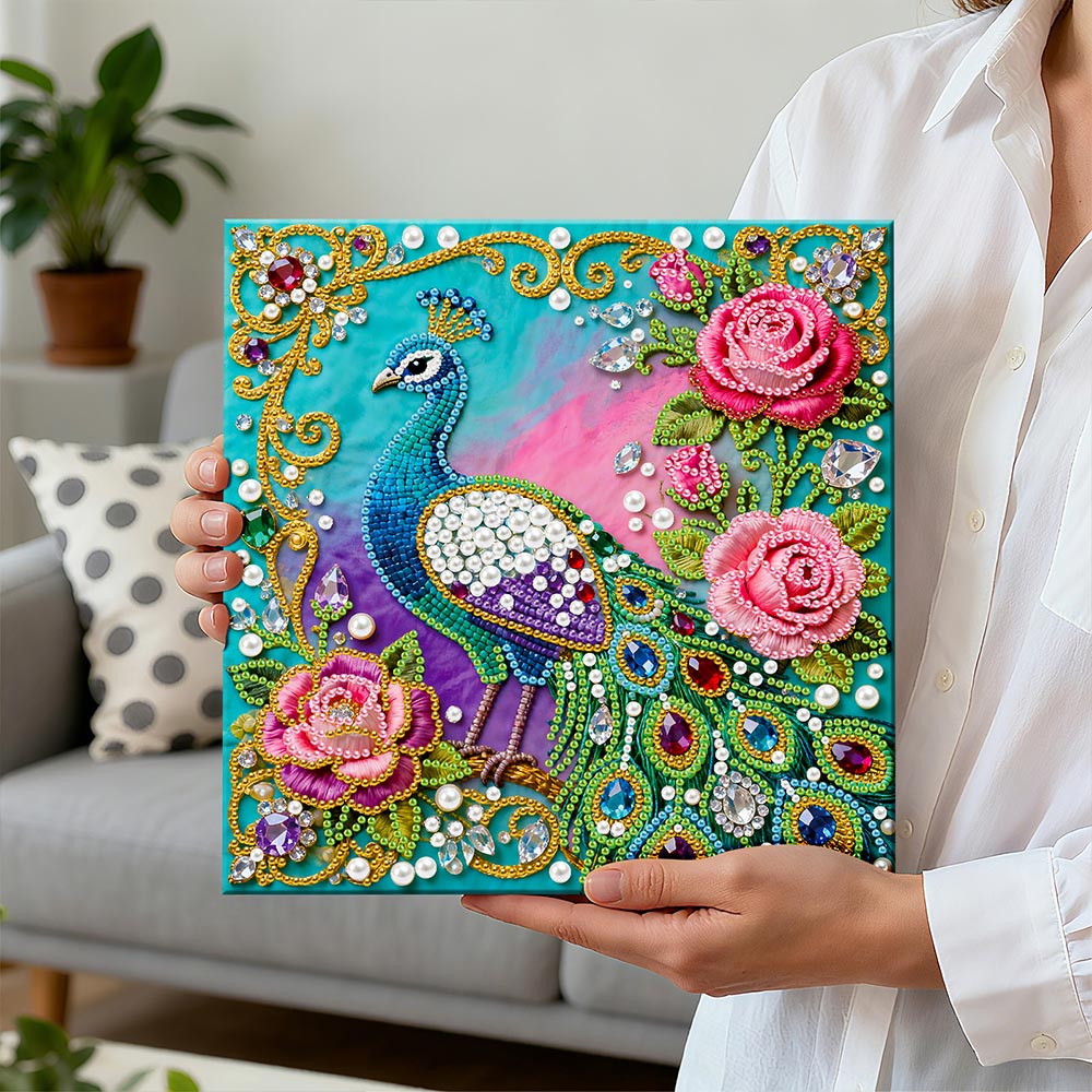 Broderie Diamant | Broderie Perle | Paon Vert et Roses Roses