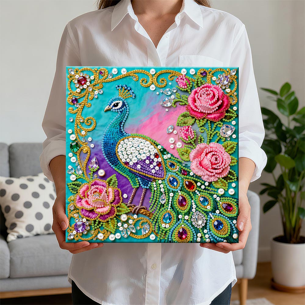 Broderie Diamant | Broderie Perle | Paon Vert et Roses Roses