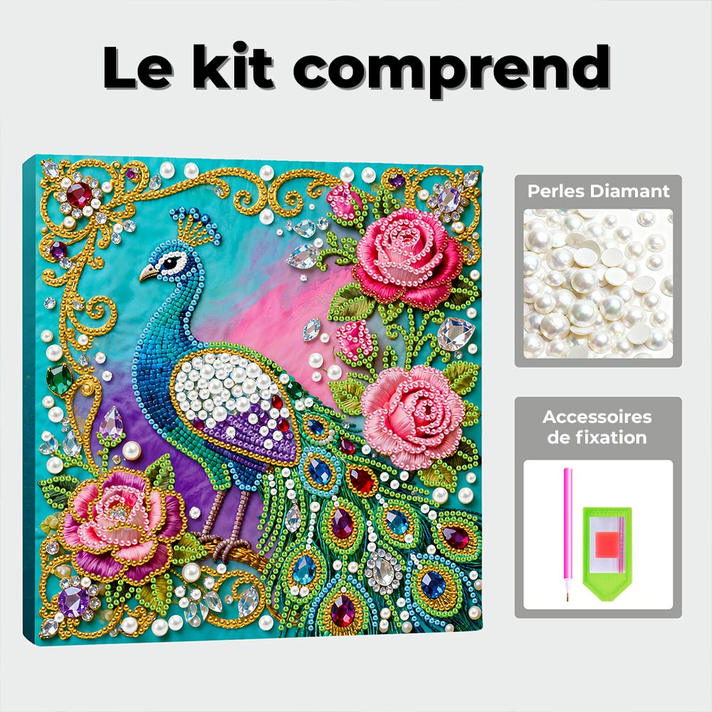 Broderie Diamant | Broderie Perle | Paon Vert et Roses Roses
