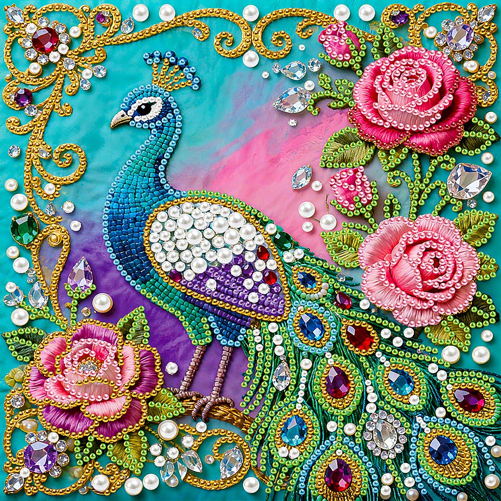 Broderie Diamant | Broderie Perle | Paon Vert et Roses Roses