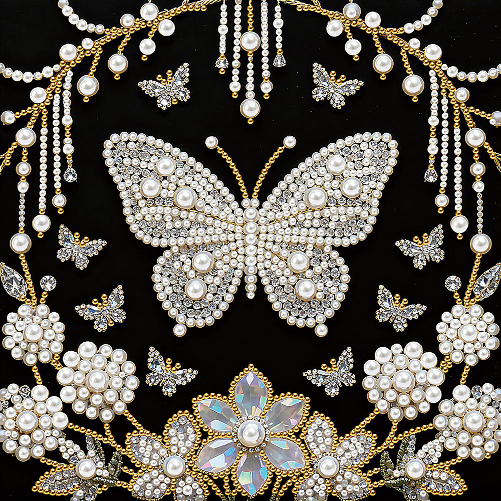 Broderie Diamant | Broderie Perle | Papillon Blanc et Pissenlits