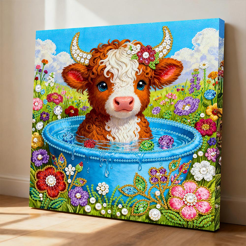 Broderie Diamant | Broderie Perle | Petit Taureau des Highlands Se Baignant dans les Fleurs