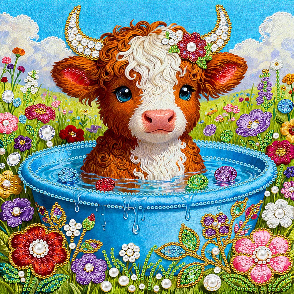 Broderie Diamant | Broderie Perle | Petit Taureau des Highlands Se Baignant dans les Fleurs