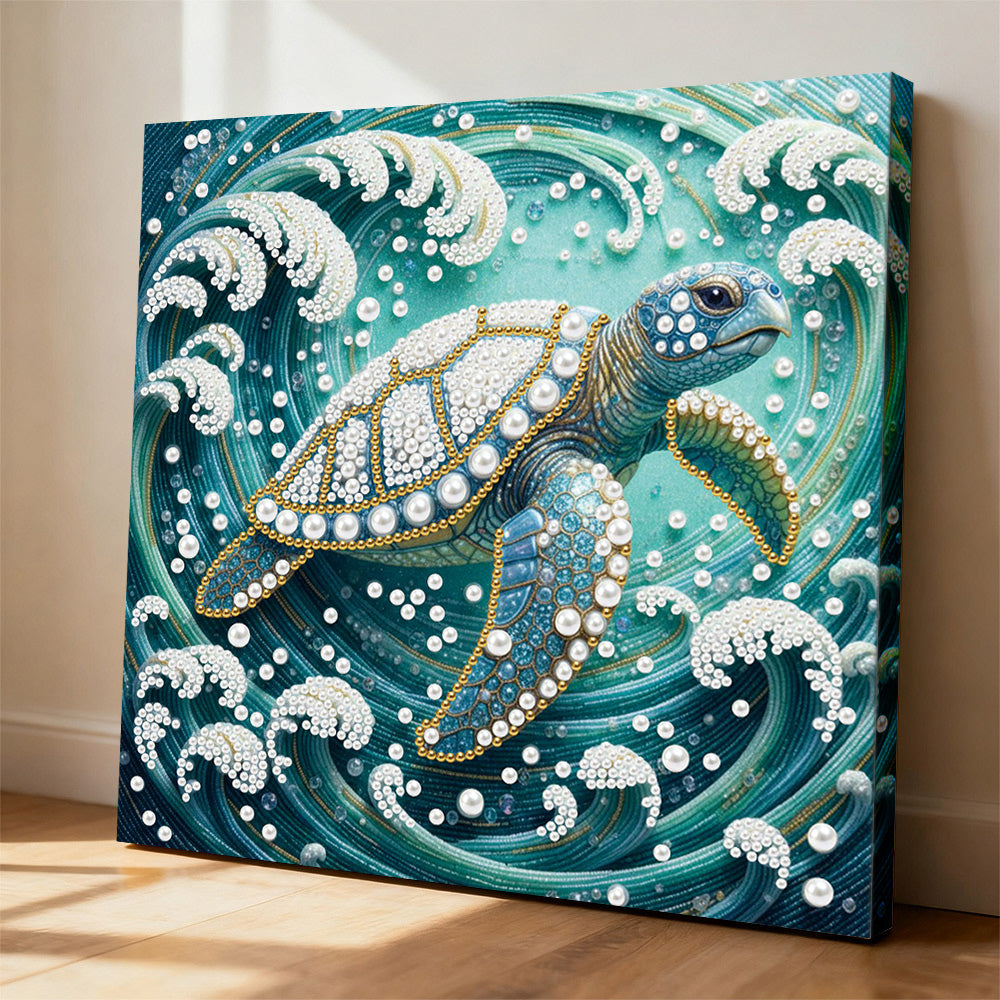 Broderie Diamant | Broderie Perle | Tortue de Mer dans les Tourbillons de Vagues