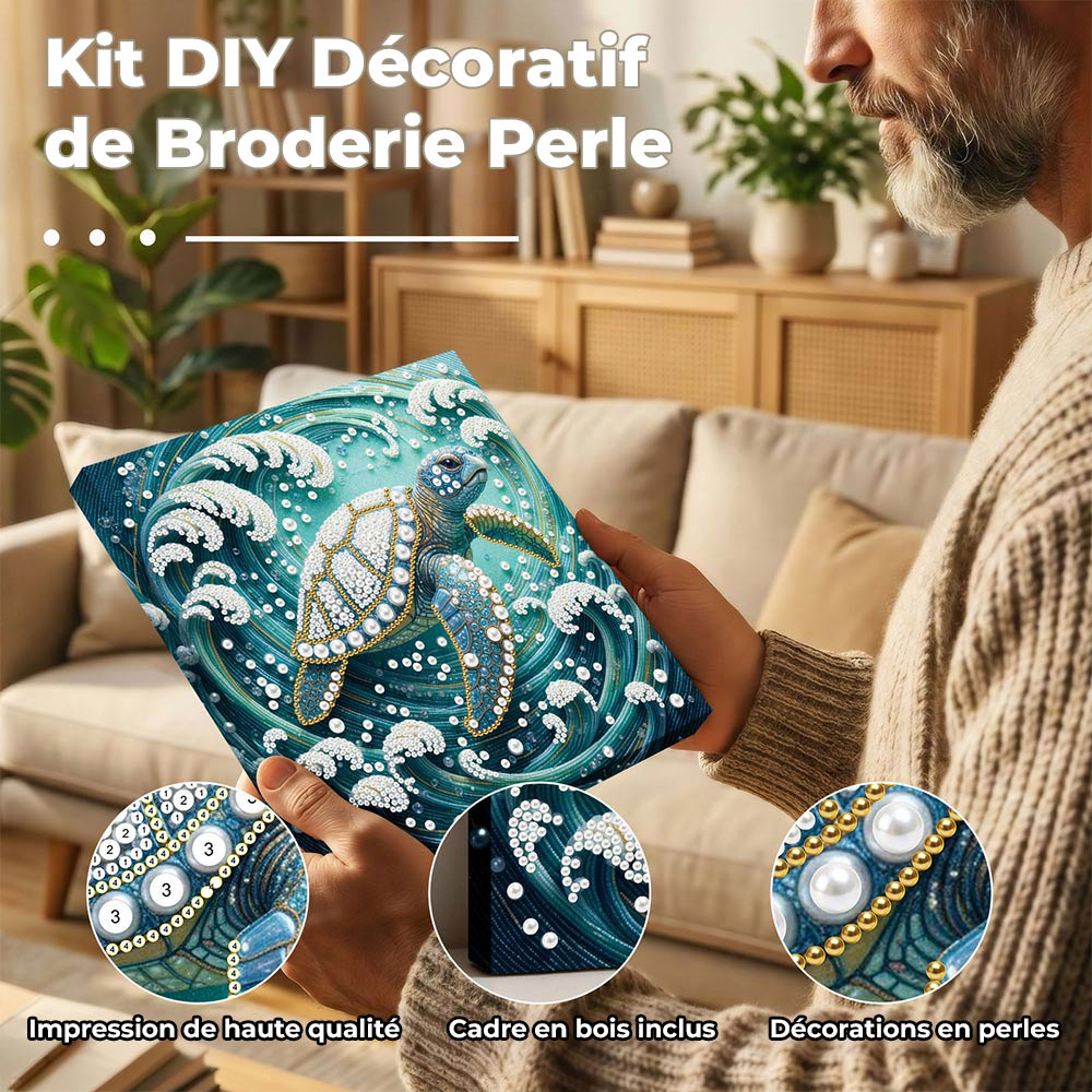 Broderie Diamant | Broderie Perle | Tortue de Mer dans les Tourbillons de Vagues