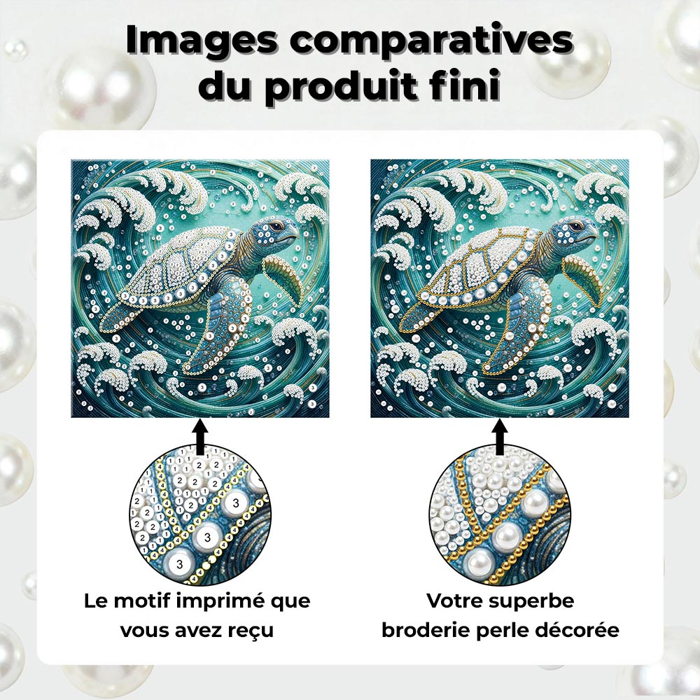 Broderie Diamant | Broderie Perle | Tortue de Mer dans les Tourbillons de Vagues