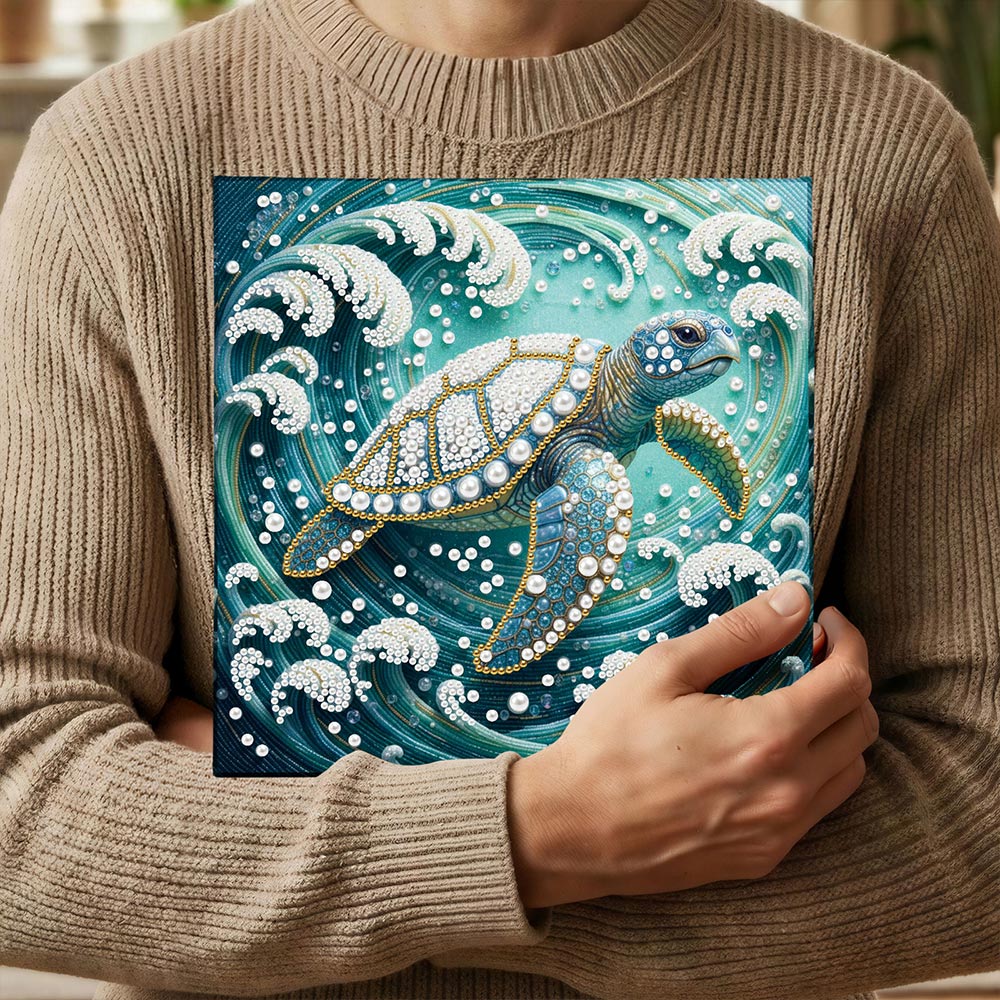 Broderie Diamant | Broderie Perle | Tortue de Mer dans les Tourbillons de Vagues