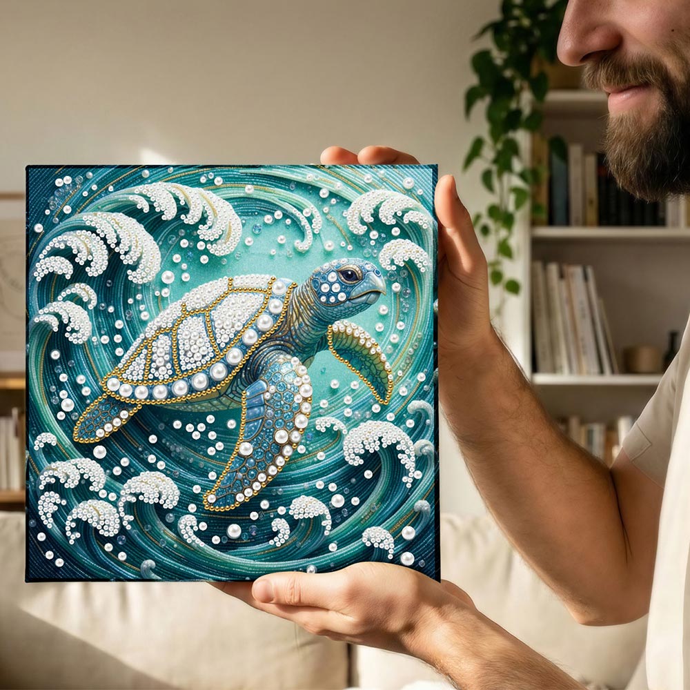 Broderie Diamant | Broderie Perle | Tortue de Mer dans les Tourbillons de Vagues