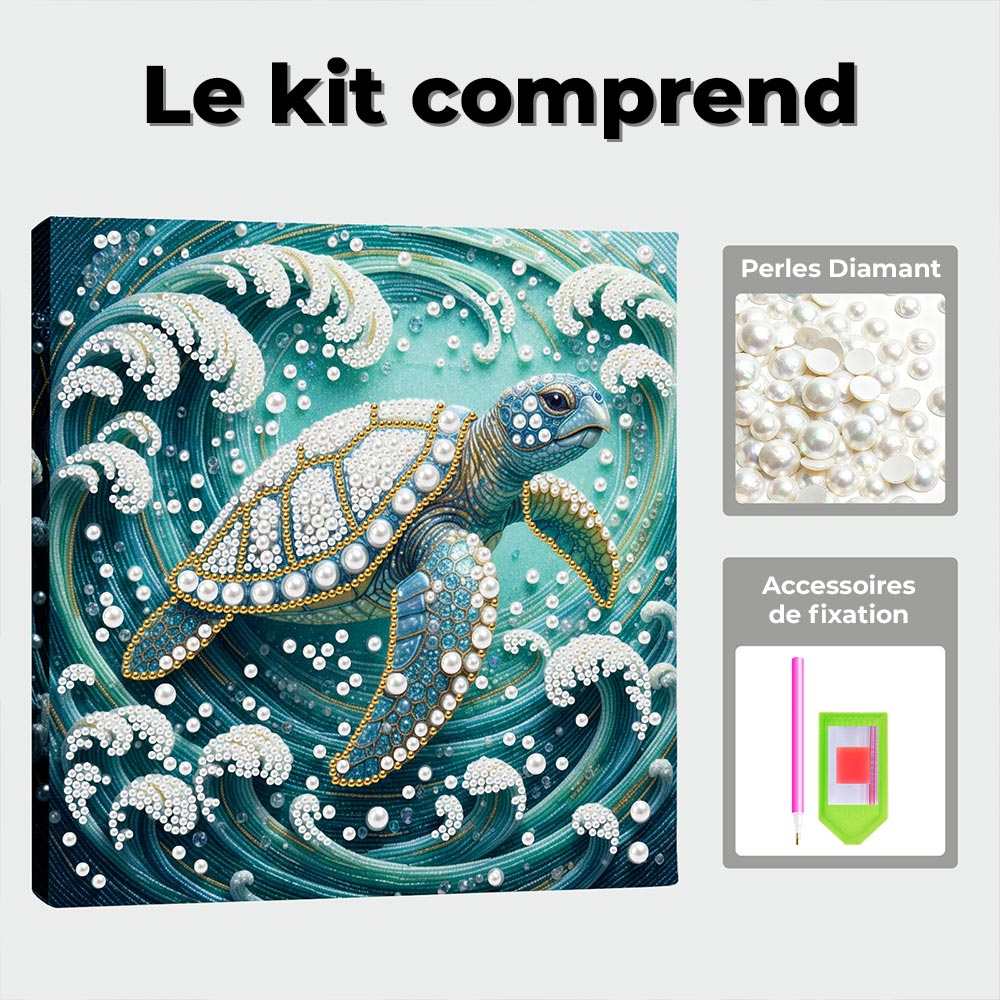 Broderie Diamant | Broderie Perle | Tortue de Mer dans les Tourbillons de Vagues