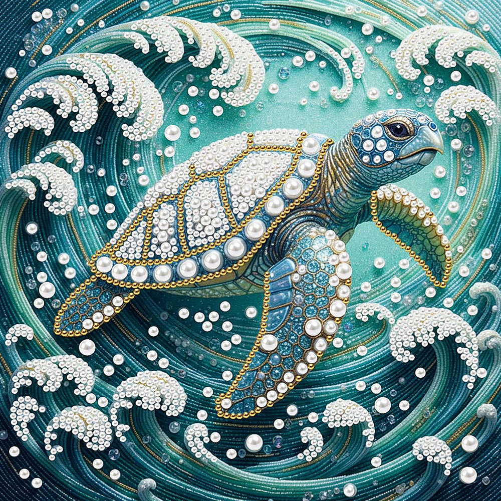 Broderie Diamant | Broderie Perle | Tortue de Mer dans les Tourbillons de Vagues