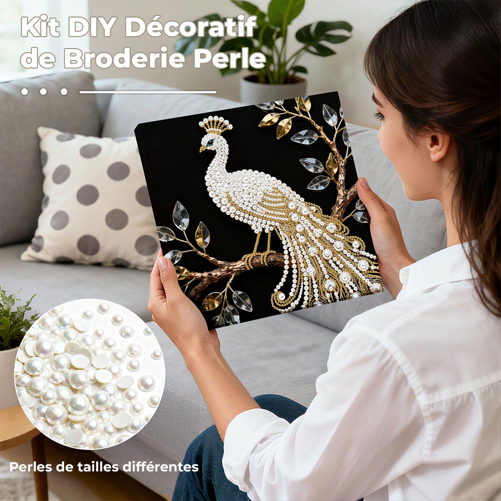 Broderie Diamant | Broderie Perle | Un Paon Blanc dans un Arbre