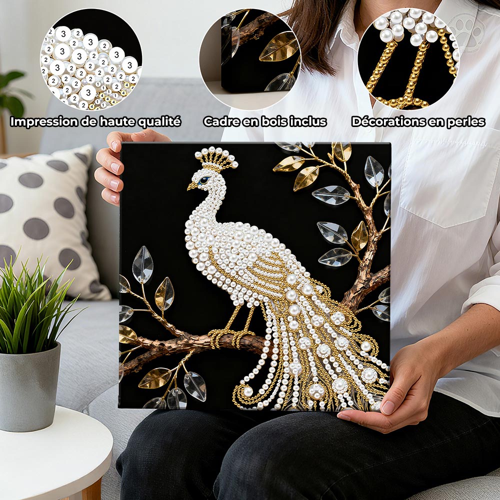 Broderie Diamant | Broderie Perle | Un Paon Blanc dans un Arbre