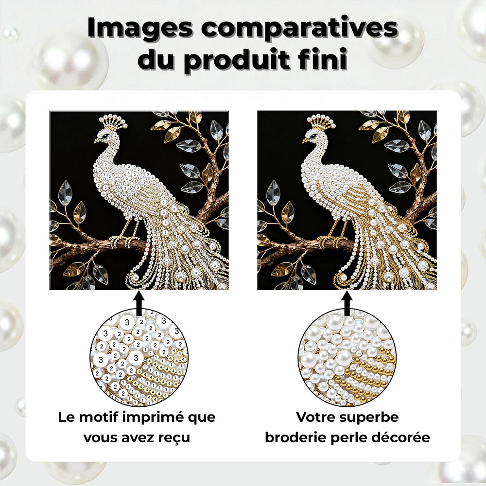 Broderie Diamant | Broderie Perle | Un Paon Blanc dans un Arbre