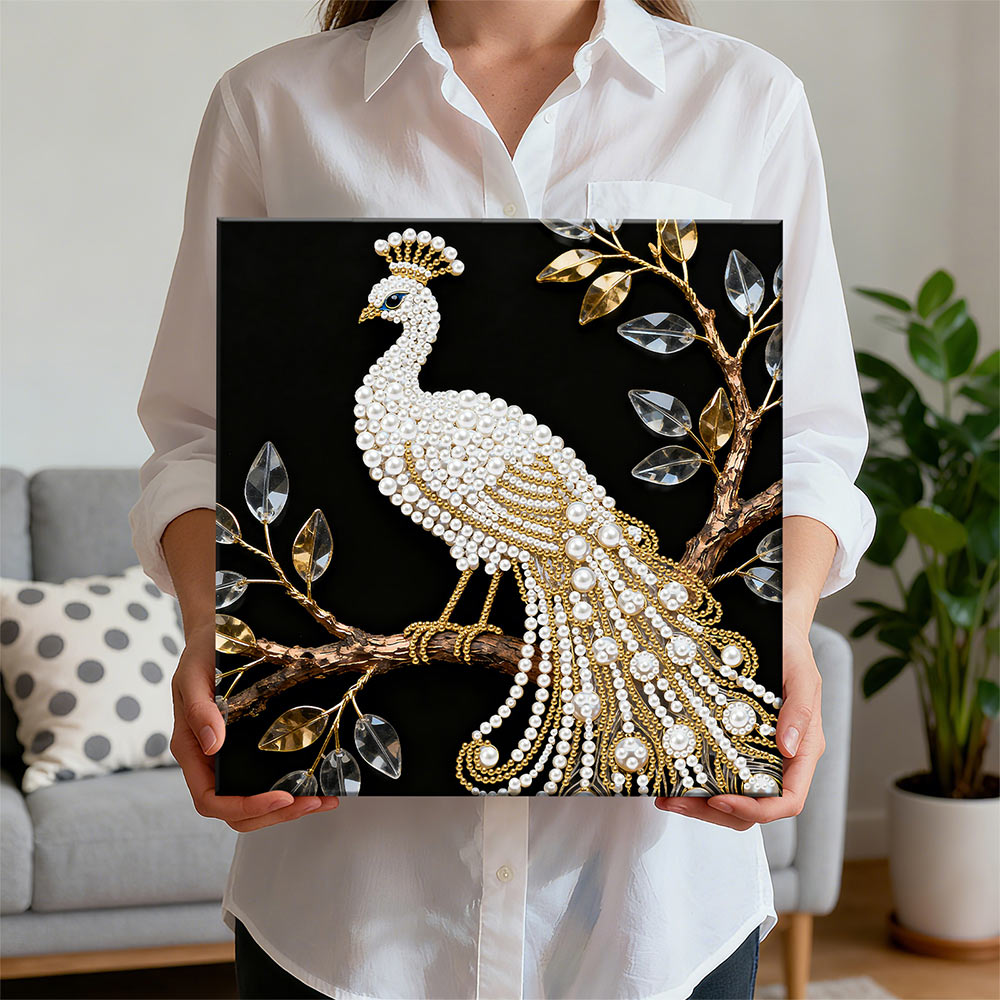 Broderie Diamant | Broderie Perle | Un Paon Blanc dans un Arbre