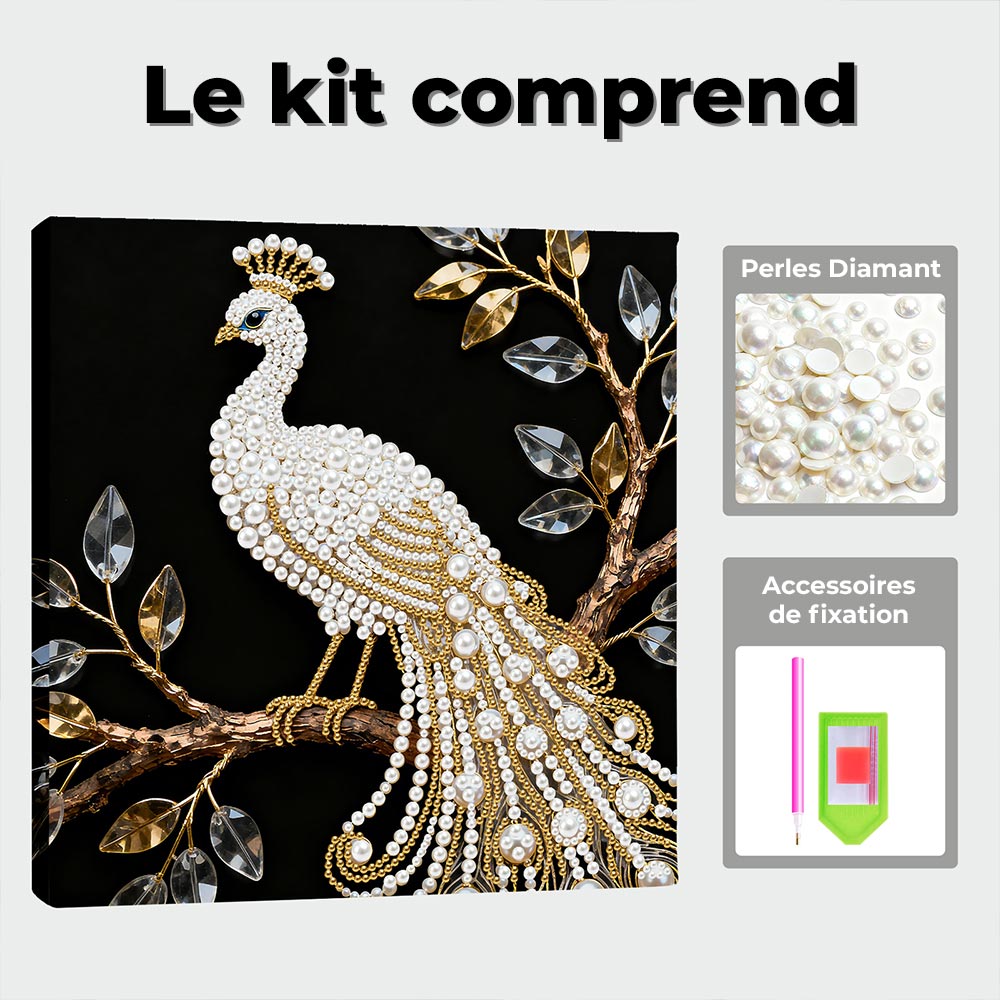 Broderie Diamant | Broderie Perle | Un Paon Blanc dans un Arbre