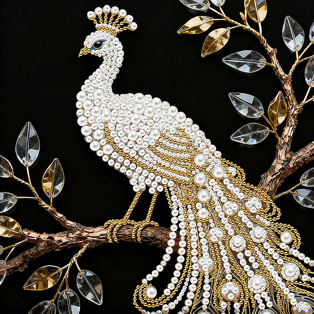 Broderie Diamant | Broderie Perle | Un Paon Blanc dans un Arbre