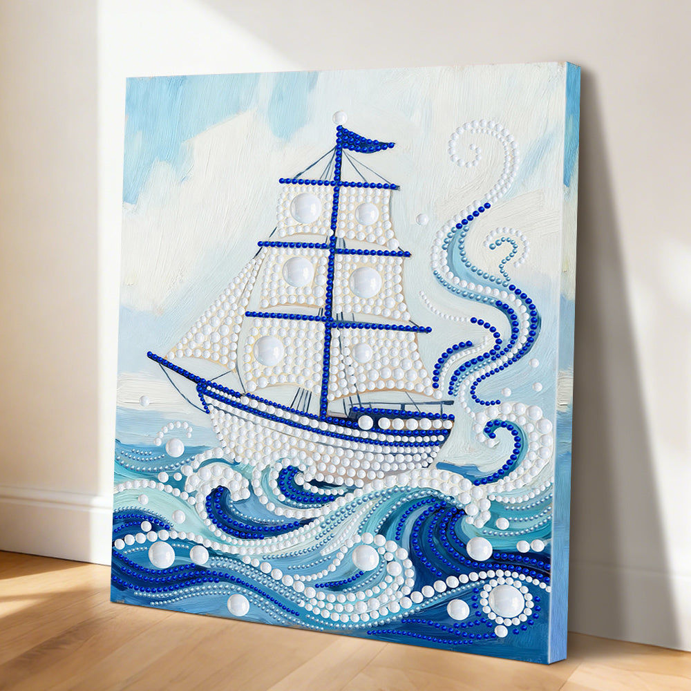 Broderie Diamant | Broderie Perle | Voilier Blanc sur Vagues Bleues