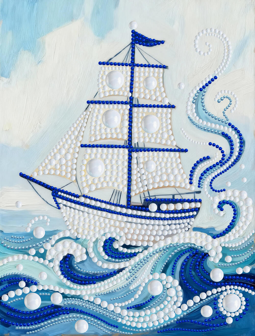 Broderie Diamant | Broderie Perle | Voilier Blanc sur Vagues Bleues