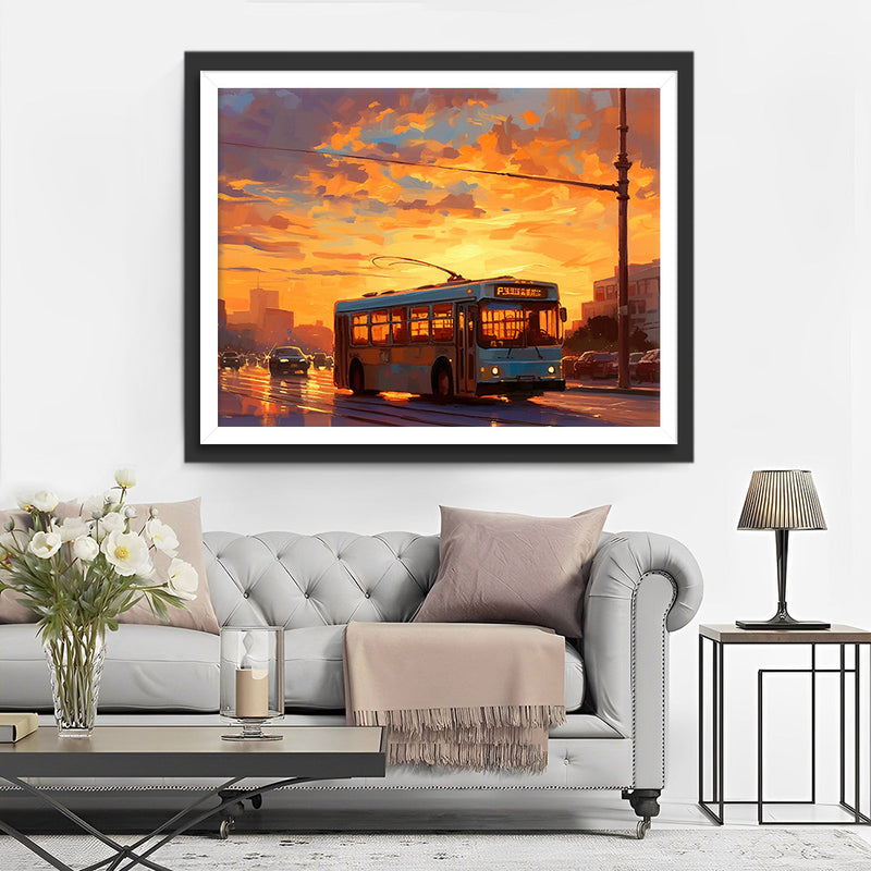 Bus de Ville sous le Couche de Soleil Broderie Diamant