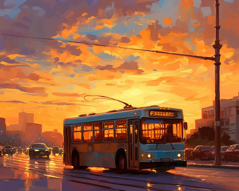 Bus de Ville sous le Couche de Soleil Broderie Diamant