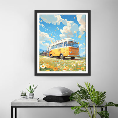 Bus Jaune dans les Chrysanthèmes Sauvages Broderie Diamant