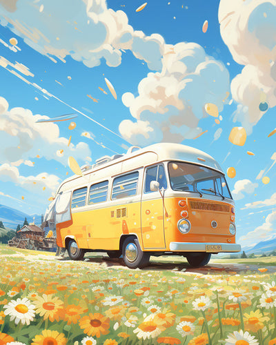 Bus Jaune dans les Chrysanthèmes Sauvages Broderie Diamant