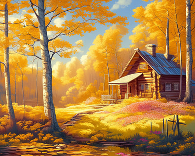 Cabane dans la Forêt d’Automne Broderie Diamant
