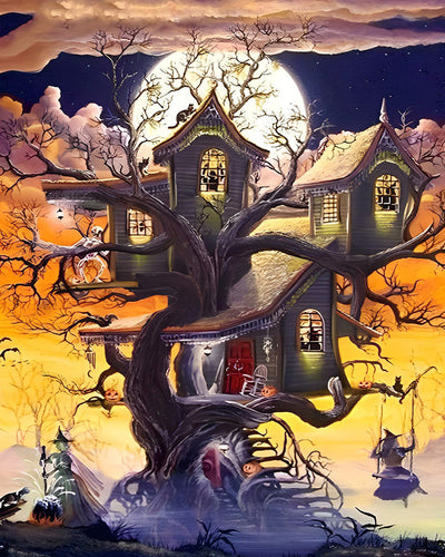 Cabane d'Halloween et Sorcière sur la Balancoire Broderie Diamant