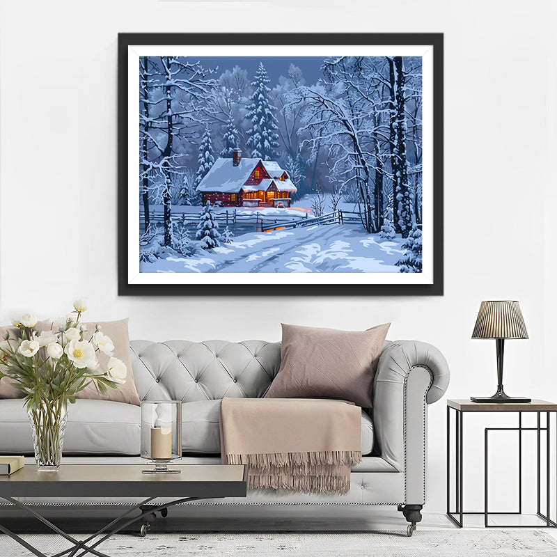 Cabane et Forêt Dans La Neige Broderie Diamant
