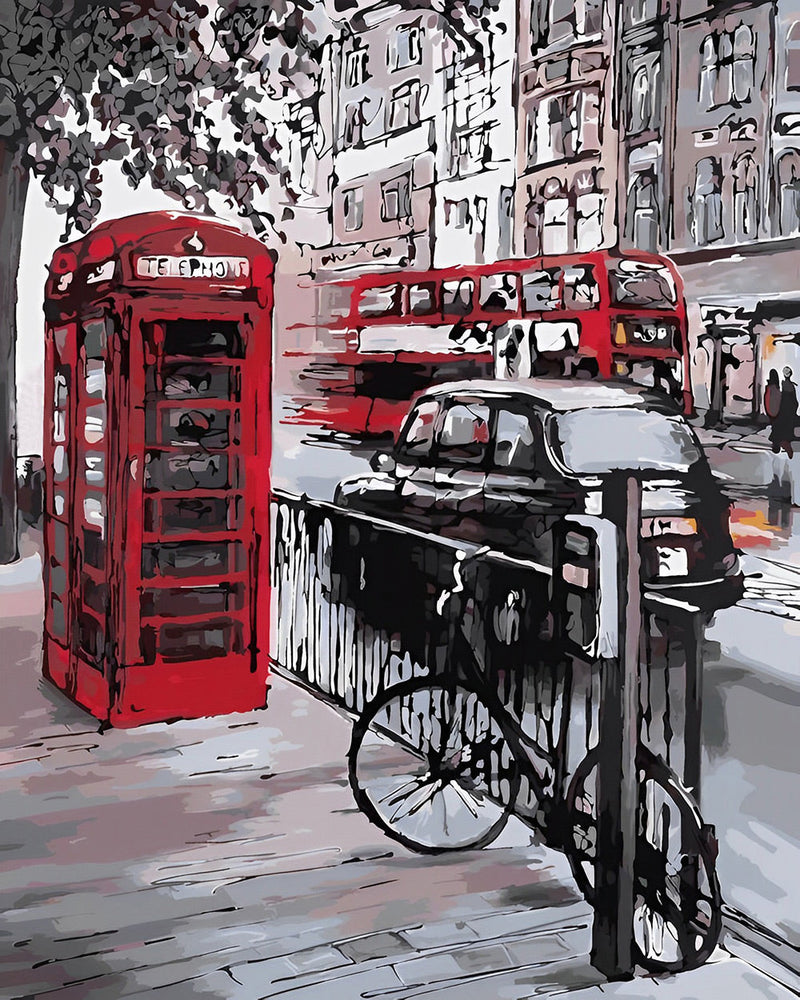Cabine Telephonique Rouge dans la Rue Broderie Diamant
